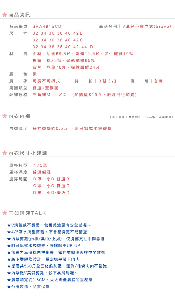 【玉如內衣】深V包不露內衣。大尺碼 集中 爆乳 深V 台灣製 B.C.D罩 ※0491黑