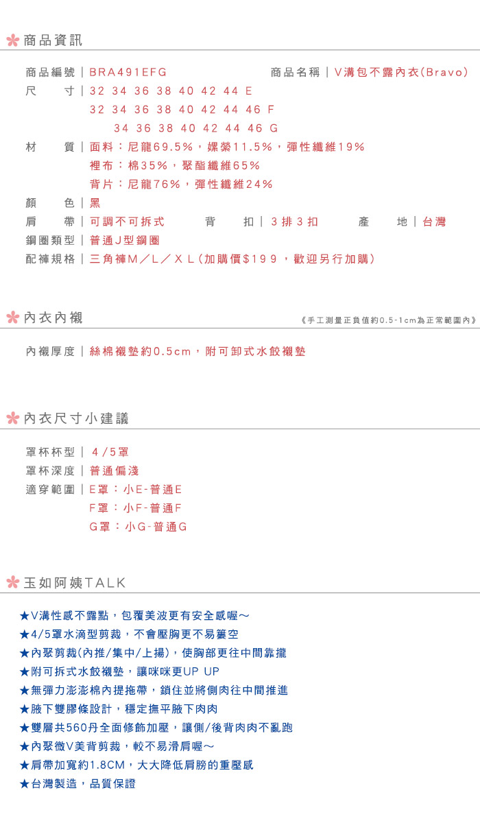 【玉如內衣】深V包不露內衣。大尺碼 集中 爆乳 深V 台灣製 E.F.G罩 ※0491黑